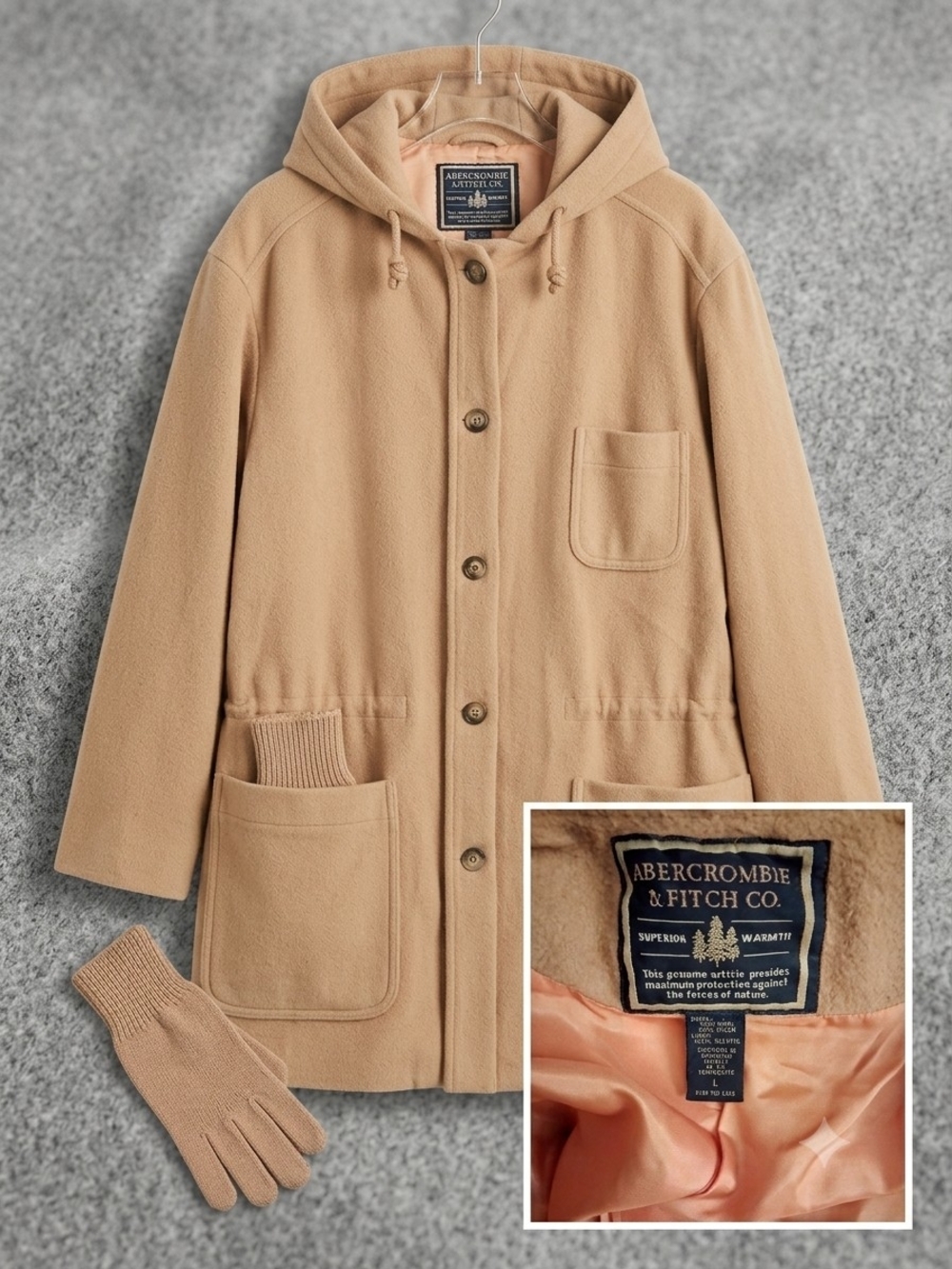 Abercrombie & Fitch Tan Hooded Button Coat with Knit Gloves